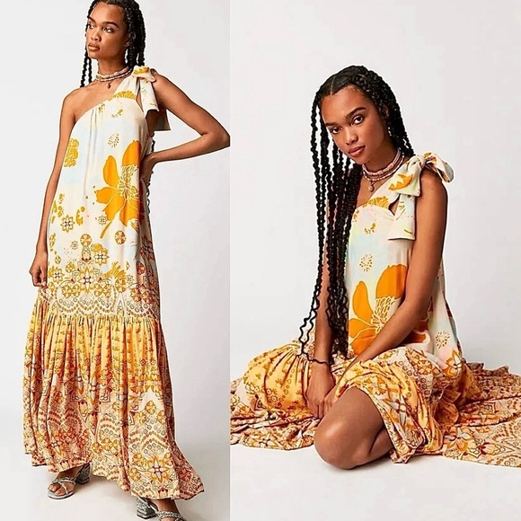 Free People Cote D Azur Maxi Dress Tie Strap One Shoulder Boho Bohemian Hippie - Picture 1 of 8